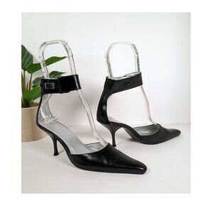 Cami International Black Leather High Heels Stiletto with Ankle Strap 6.5 M NWOB